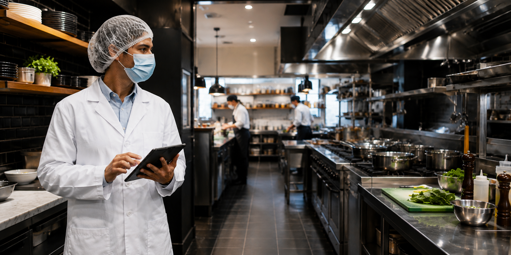 Consultant en sécurité alimentaire inspectant une cuisine professionnelle
