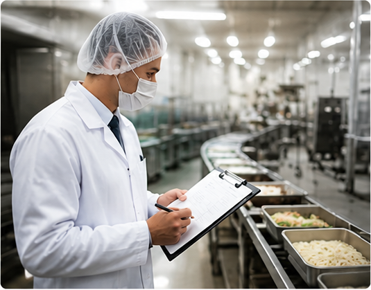 Consultant en blouse blanche réalisant un audit d'hygiène avec une check-list dans une cuisine industrielle