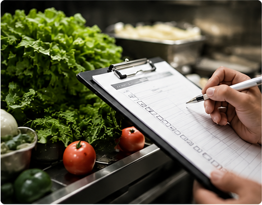 Relevé manuscrit des points critiques sur une fiche de contrôle, à côté de légumes frais en cuisine