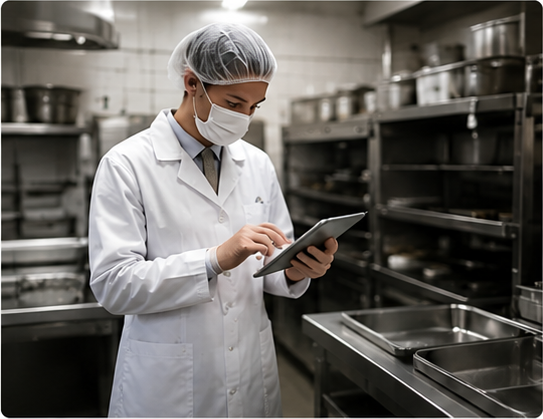 Responsable qualité complétant un système d'autocontrôle sur tablette dans une cuisine professionnelle