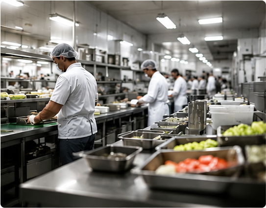 Cuisine de production industrielle en pleine activité avec des équipes en tenue d'hygiène